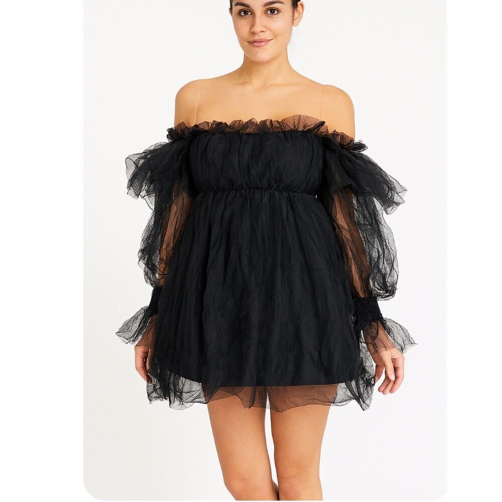 Persephone On/Off Shoulder Tulle Mini Dress babydoll black crinkle SZ XS black
